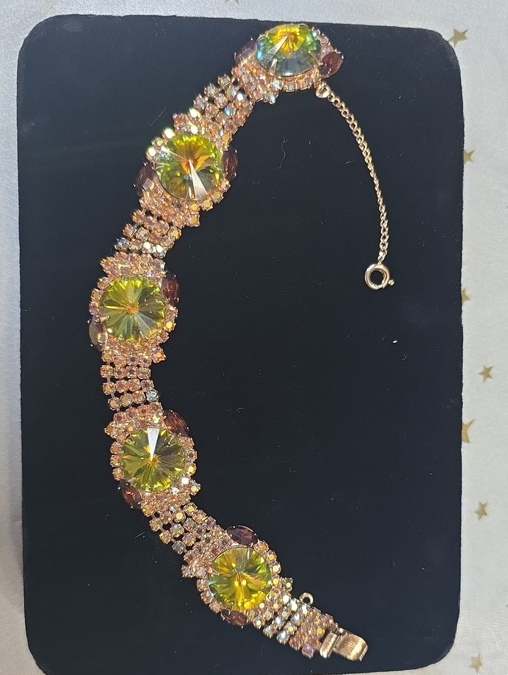 Vintage Art Deco Five Peridot Rivoli Crystals AB Topaz Rhinestones Bracelet
